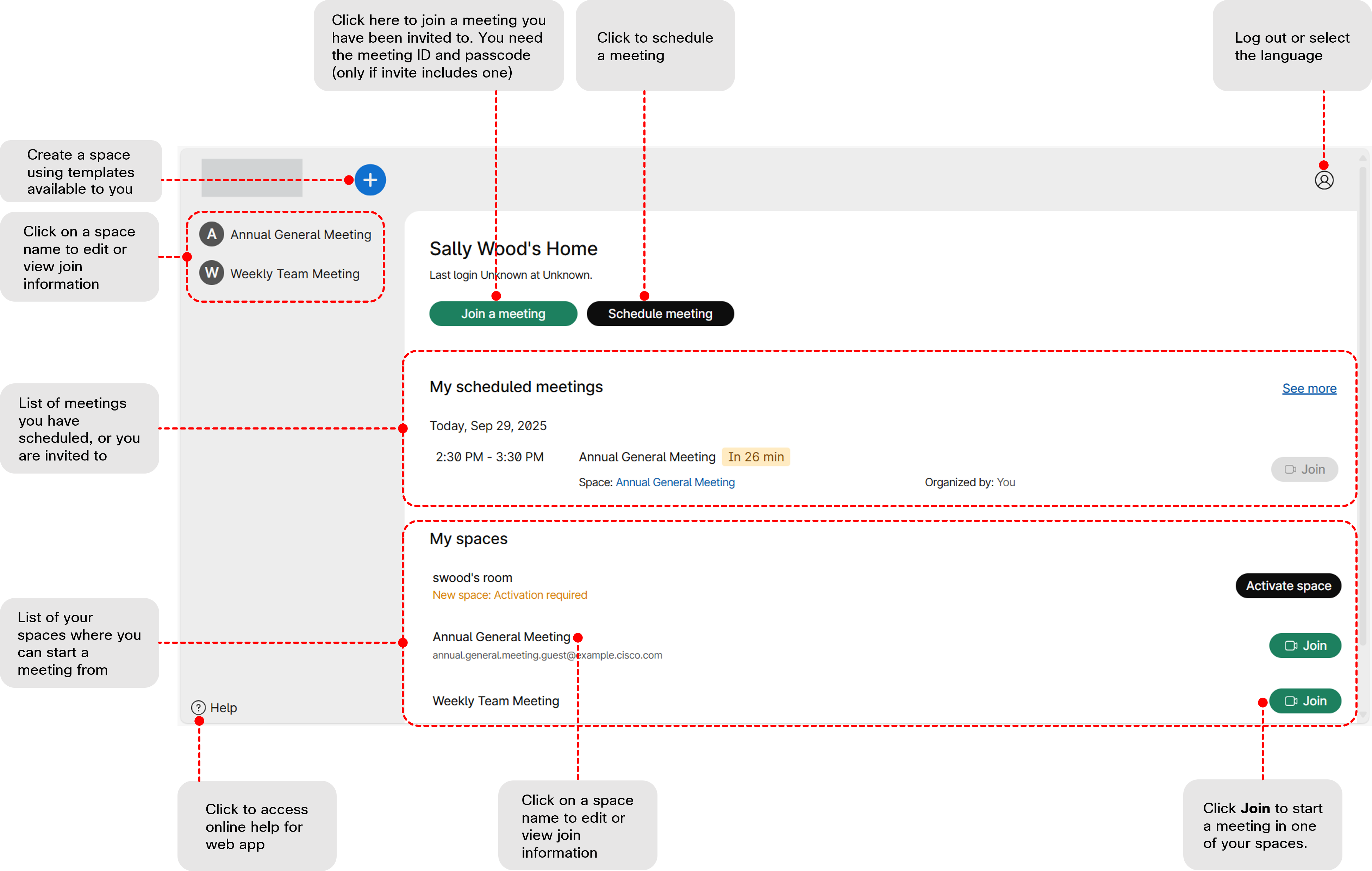 Web app UI shows spaces, scheduled meetings, join and schedule meeting options